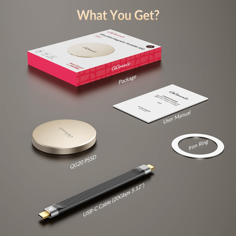 GiGimundo GQ20 Ultra-Slim Magnetic Portable SSD 512GB - Max 20Gbps High-Speed, Compact Stylish USB-C External Drive for Windows, Mac, Android – Round Design, Fast File Transfer Rose Gold