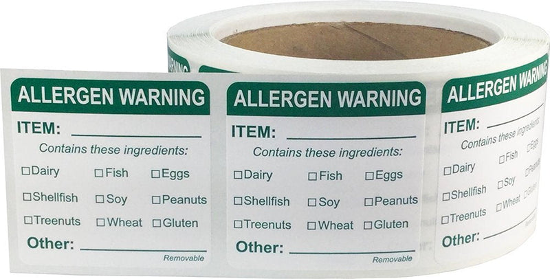 Removable Allergen Warning Labels, 2 Inch Square Food Rotation Stickers, 500 Total Adhesive Labels on a Roll for Kitchen Safety, Storage, and Food Prep – Made in the USA