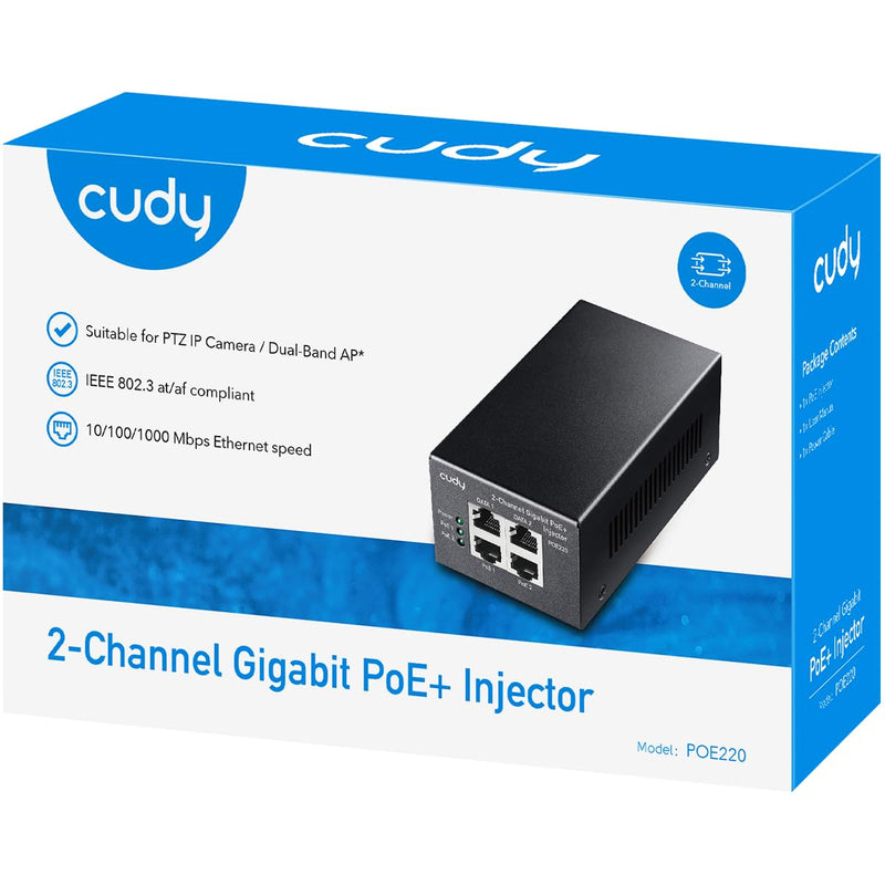 Cudy 2 Channel Gigabit PoE Injector, 10/100/1000Mbps, 2 Gigabit Input, 2 PoE Output, 2 x 30 watts PoE Adapter, Wall-Mount, Comply with 802.3at / 802.3af, 48V