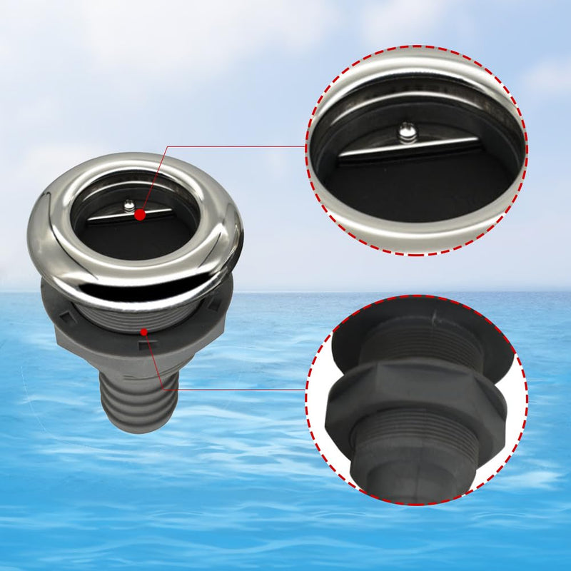2Pcs Boat Plastic Thru Hull Grey Nylon Join 1 ½-Inch Scupper Valve,Top Cover 316 Stainless Steel Cover,and Equipped with A Water Baffle