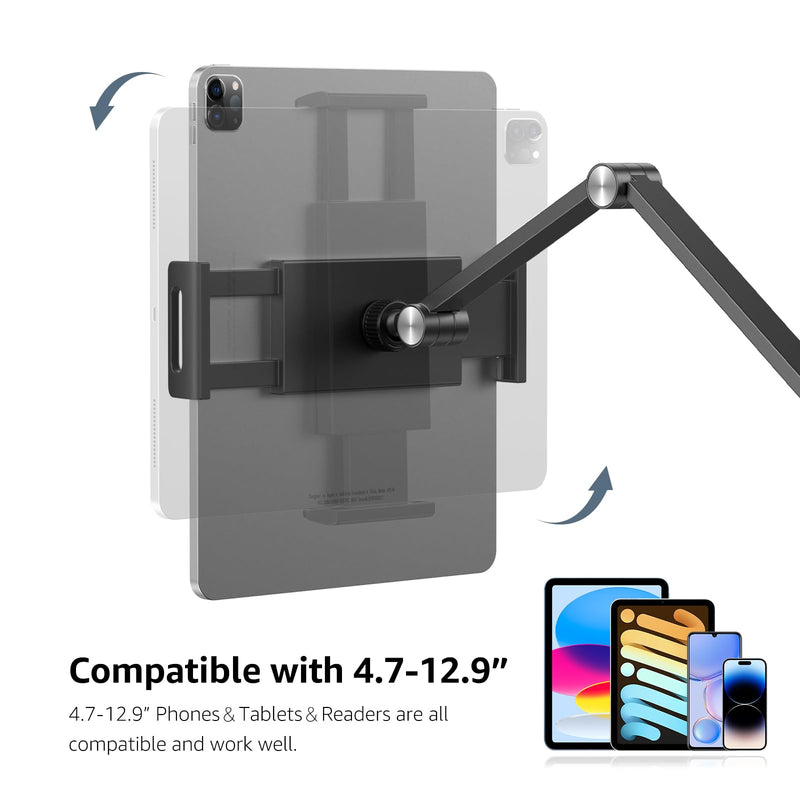 BEWISER Tablet Wall Mount Holder,360° Rotating Flexibly, Height and Angle Adjustable, Folding Aluminium Alloy Long Arm Compatible with4.7-12.9" Phone and Tablet in Kitchen or Office (Space Grey)… Black