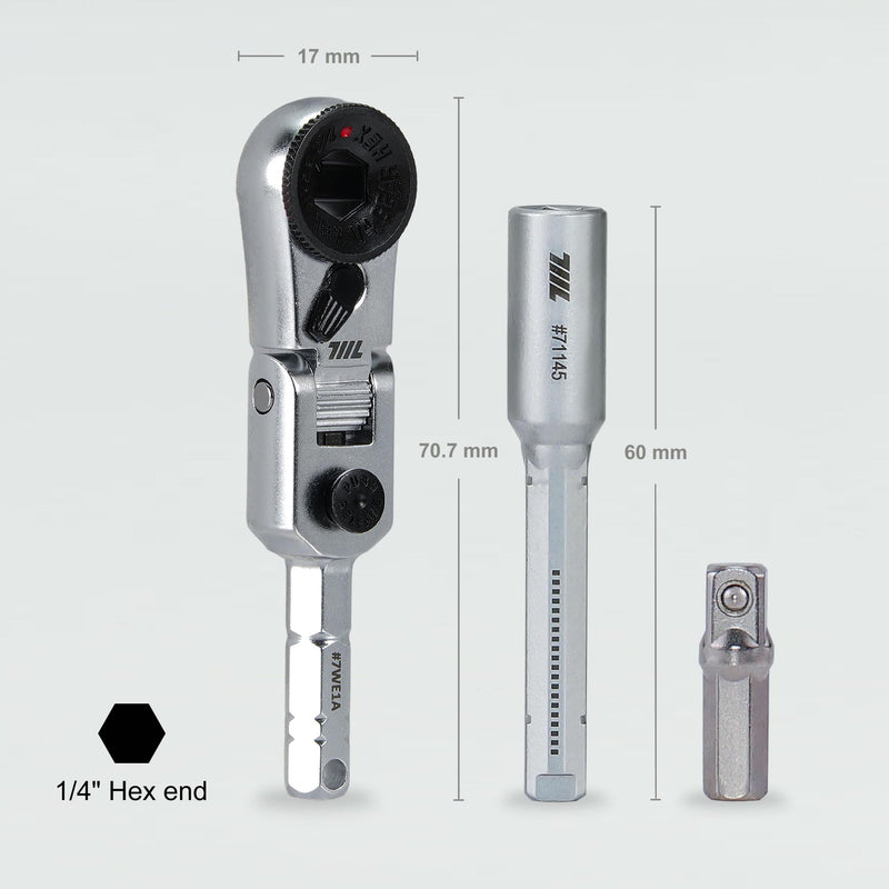 711L EDC Flex Head Ratchet Wrench with T-Handle, 1/4 Inch Mini Ratchet Tool with Socket Extension and Keyring Hole for Everyday Carry With Keyring Hole