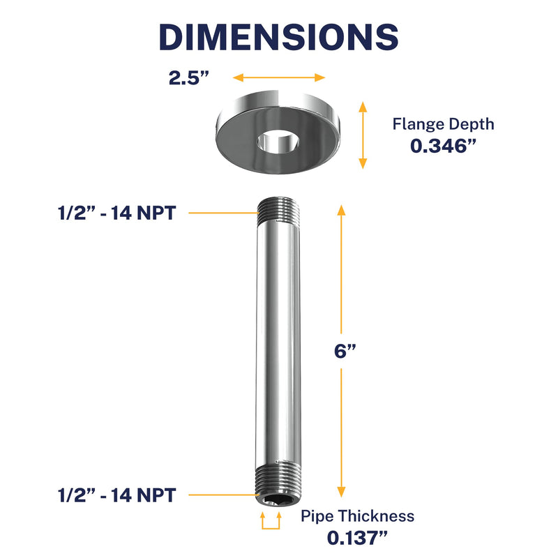HammerHead Showers Solid Metal 6 Inch Ceiling Mount Shower Arm and Flange with Set Screw, Straight Shower Arm for Rain Shower Head, Ceiling-Mounted Rain Shower Arm, Chrome