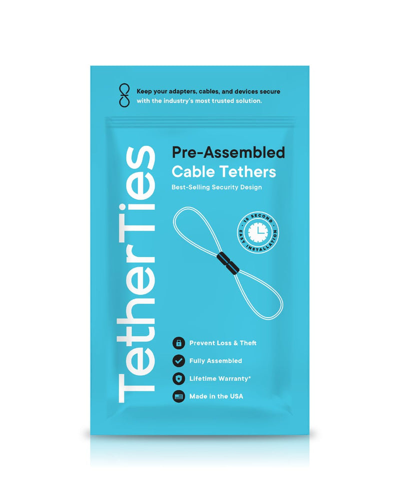 Patented Pre-Assembled Adapter Ties - Anti-Theft Cable Locks for Tools, Dongles, Tethers, Computer adapters. Steel Cable, Security Lock, Easy Installation with Free Crimping Tool Black 5 Pack TetherTies Cable Tethers