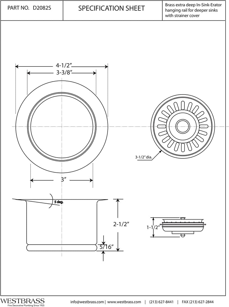 Westbrass D2082S-50 3-1/2" Extra-Deep Collar Kitchen Sink Waste Disposal Flange & Strainer Stopper, Powder Coat White