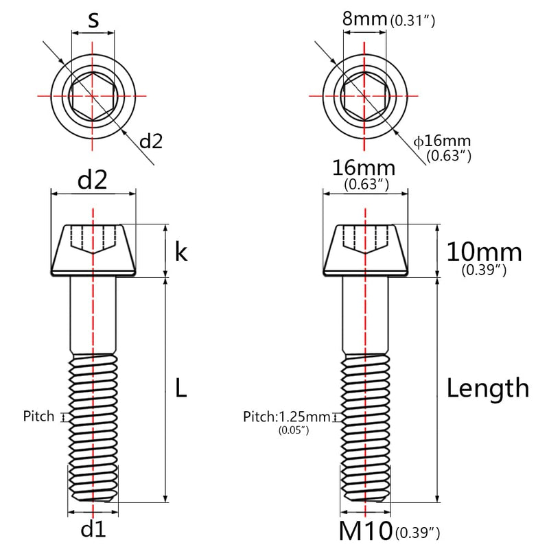 Titanium M10x20 25 30 35 40 45 50 55 60 70 80 100 Ptich 1.25 1.5mm Hex Allen Socket Head Bolt Screws Pack of 4 (M10x60mm Pitch 1.25mm, Black) M10x60mm Pitch 1.25mm