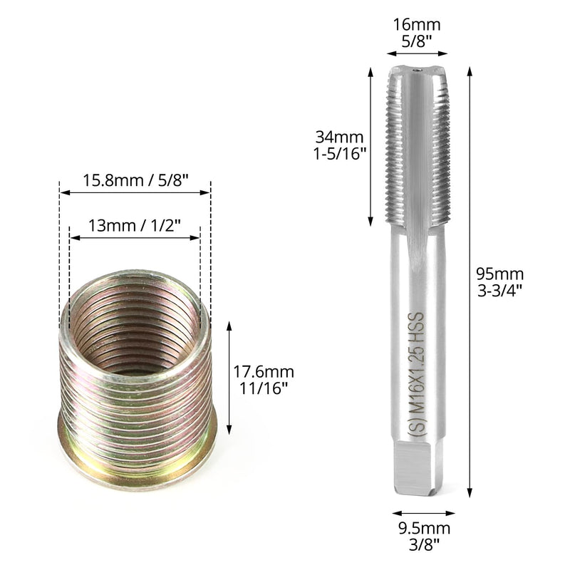 QWORK Spark Plug Thread Repair Tool Kit, Stainless Steel, Includes 12 M14 x 1.25 Inserts & M16 x 1.25 Thread Tap, High Hardness & Galvanized Surface
