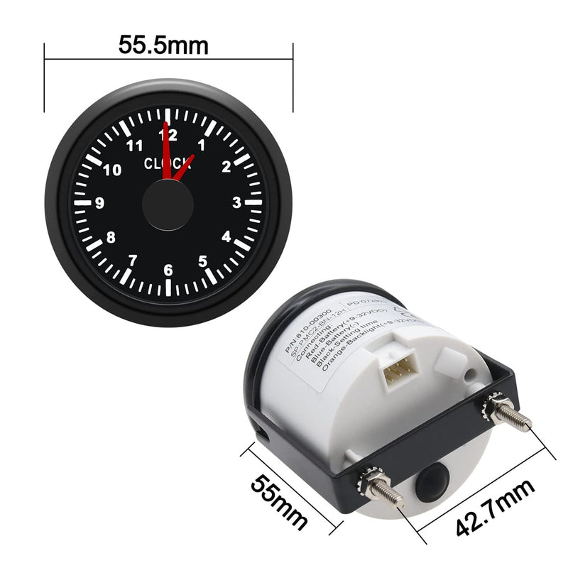 KAOLALI Clock Meter Gauges Auto Clock 0-12 Hours Format High Accuracy with Blacklight for Marine Boat Yacht Car 52mm(2'') 12/24V 52mm Clock Black