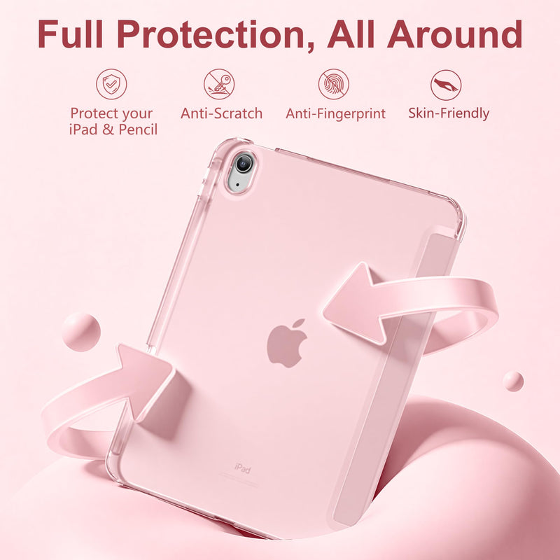 for iPad A16 11th 10th Generation Case with Pencil Holder 11 inch | for iPad 10th Gen Case 10.9 inch 2022/ 2025 with Full Protective Trifold Stand Cover, Hard Translucent Back,Pink Pink