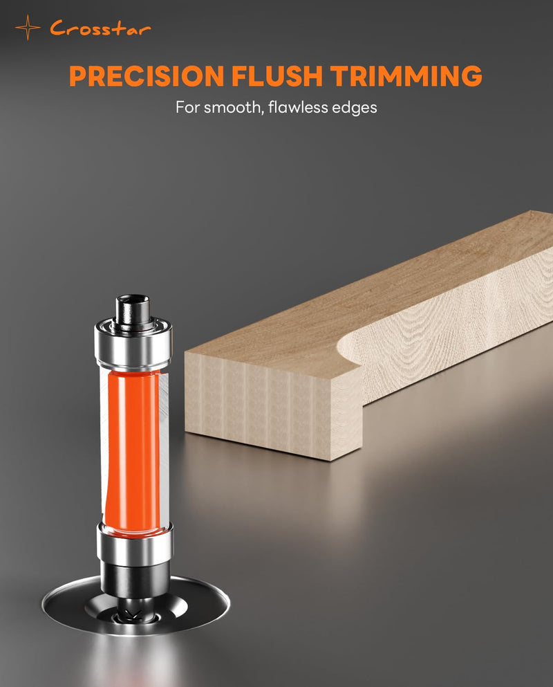 Crosstar 4Pcs Flush Trim Router Bit Set 1/4" Shank, Top & Bottom Bearing, Carbide Template Guide Bits for Woodworking - 1/2" Diameter, 3/4", 1", 1-1/4", 1-1/2" Cutting Length with Wrenches & Bearings