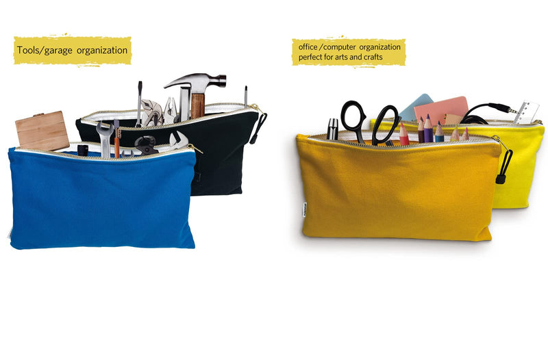Canvas Tool Bag Zipper Pouch, 6 Pack 12.5 x 7-Inch | Heavy Duty Tools Utility Pouches, Multipurpose, Storage Organizer Tote Bags, Olive/Orange/Blue/Yellow/White/Black Olive, Orange, Blue, Yellow, White, Black