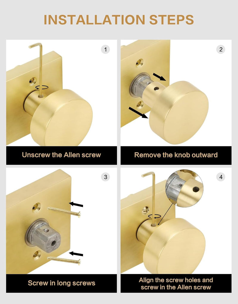 Lethato Brushed Gold Interior Passage Door Knob, Contemporary Zinc-Alloy Heavy Duty Door Knobs, Round Gold Handle, Non-Locking Doorknob for Hallway Closet Bedroom Bathroom (1 Pack) 1 Pack(Passage)