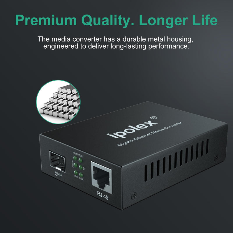 ipolex Gigabit Multi-Mode LC Fiber to Ethernet Media Converter with SFP SX Module, 1.25G Fiber to Copper RJ45, 1000Base-SX to 10/100/1000Base-TX, MMF, Transmission up to 550 meters/1804 ft 1.25G LC MMF, 550M