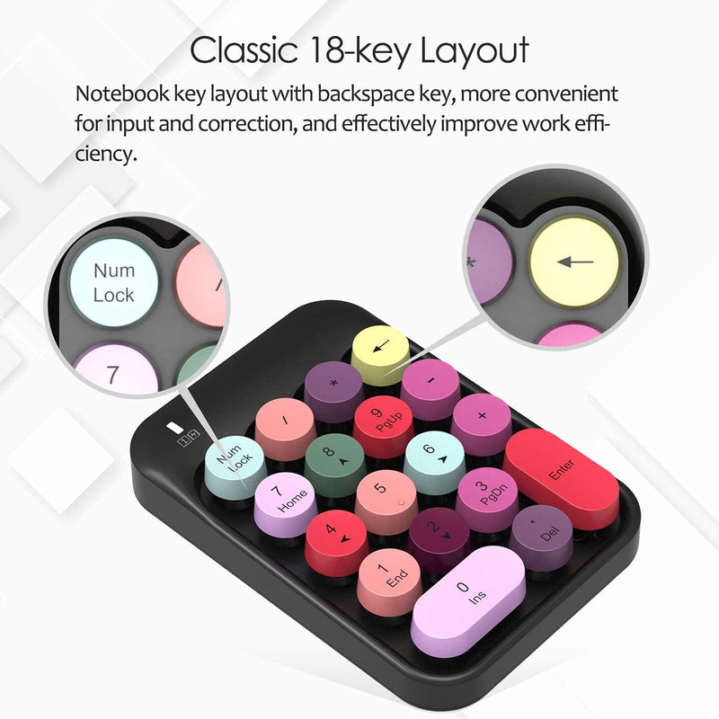FELICON Wireless Numeric Keypad 18 Keys with 2.4G Mini Portable Silent Number Pad USB Receiver Financial Accounting Keyboard Extensions for Laptop Desktop PC Pro（Black Mix） Black Mix