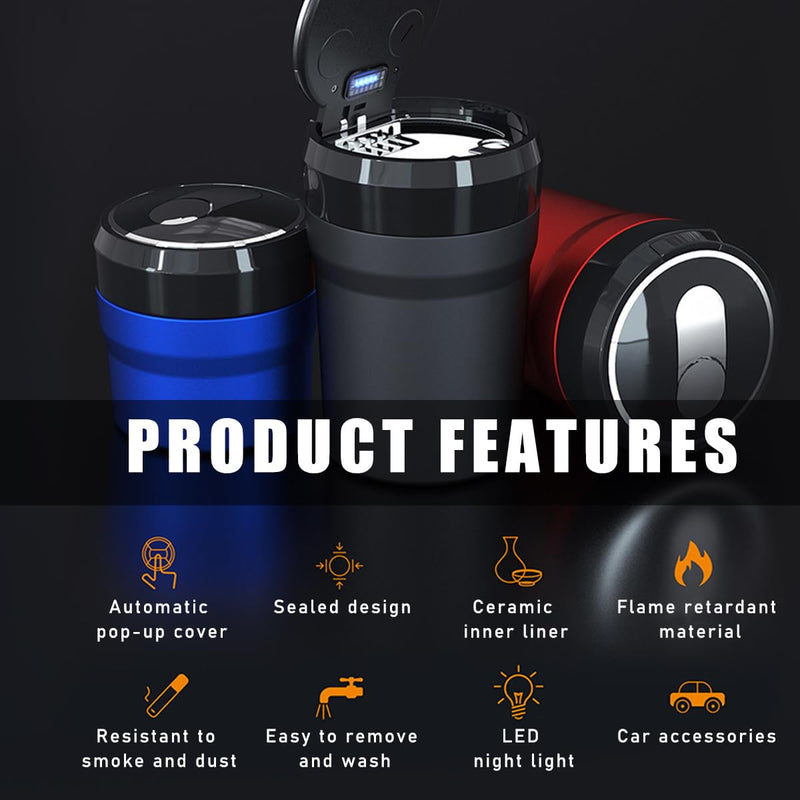 Car Ashtray, Portable Smokeless Cylinder Cup Holder Ash Tray, Smokeless Auto Ash Tray with Lid & LED Blue Light for Most Vehicles, Universal Interior Car Accessories (Red, Large) Red