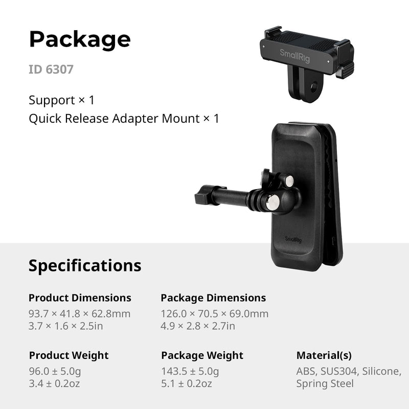SMALLRIG Backpack Clip Mount for DJI Osmo Action 6/Nano, 360° Ball Head & 2-Prong Mount, Magnetic Adapter& Foldable Hook, POV Shooting for Hiking/Vlogging - 6307 Backpack Strap Clip