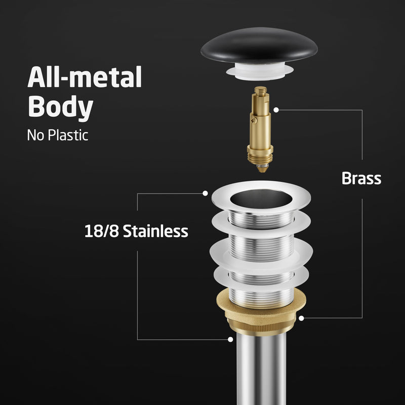 KES Solid Ceramic Cap Bathroom Sink Drain Without Overflow, Pop Up Drain for Bathroom Sink, Ceramic Bathroom Sink Stopper, All-Metal Body Matte Black, S2008D-CB for NO overflow sink