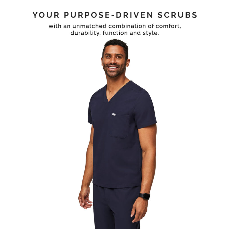 FIGS Chisec Scrub Top for Men – 3 Pockets, Tailored Fit, Squared V-Neck, 4-Way Stretch, Moisture-Wicking Large Navy Blue