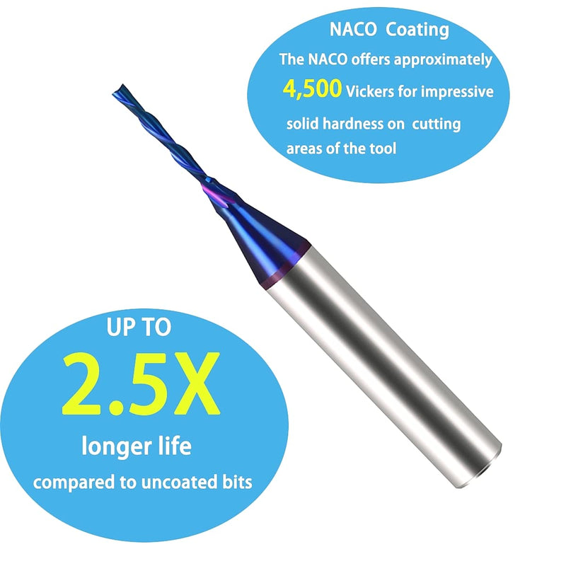 Carbide Plunge Down Cut 1/16 inch Cutting Dia 1/4 inch Shank Solid Carbide End Mill with Nanco Blue Coating CNC Router Bits for Wood Cut 3D Carving Engraving BRD222 DashHound 2PCS down cut 1/4"S×1/16"D×1/2"CL×2"OVL 2
