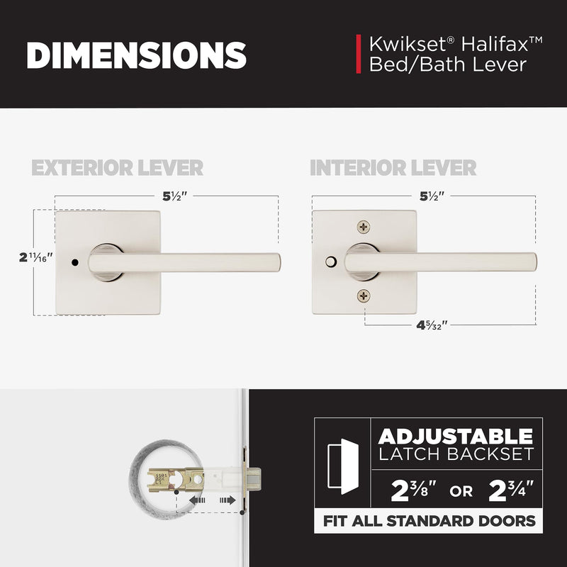 Kwikset Halifax Interior Privacy Door Handle with Lock, Door Lever For Bathroom and Bedroom, Satin Nickel Reversible Keyless Push Button Lock Door Lever, with Microban Protection 1 Pack