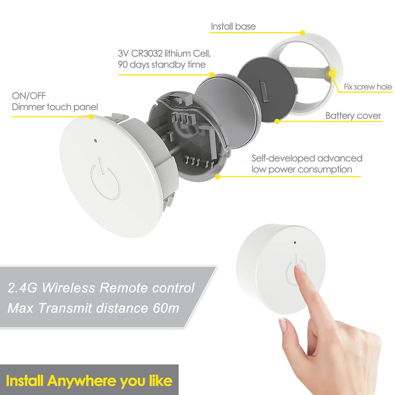 VST Under Cabinet Mini Panel Lighting 3PCS 3.94inch 12V 2.5W(Total 7.5W) with Wireless Dimmer Switch, Surface Mount Puck Light for Kitchen Van Truck Car Galley Downlight (Round White4000K) Touch Wireless Switch 3 Pack Round White