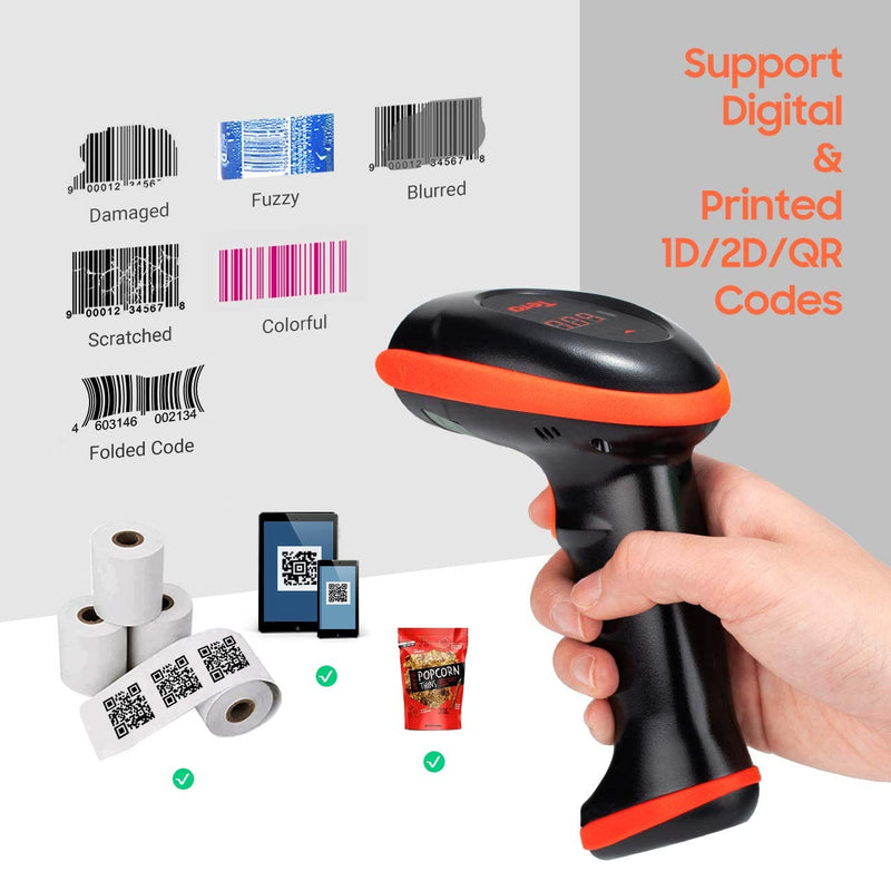 Tera Pro Series Wireless 1D 2D QR Barcode Scanner with Cradle Display Counting Screen Extra Fast Scanning Speed Ultra High Resolution Handheld Image Bar Code Reader for Warehouse Inventory HW0008 Orange