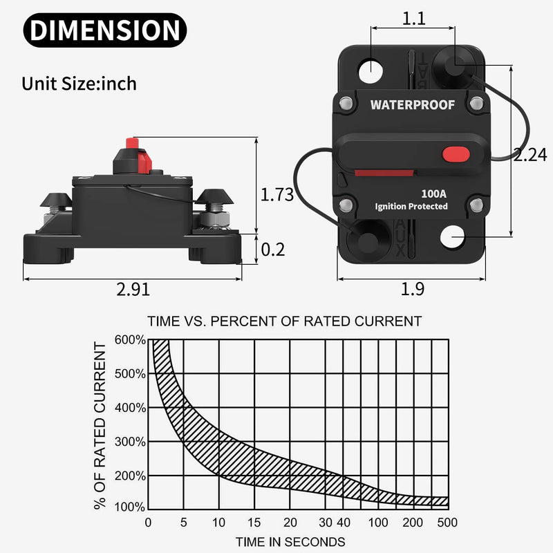 DaierTek 100 Amp Circuit Breaker 12V - 48V, DC 12 Volt Circuit Breaker 100A Inline with Manual Reset Waterproof for Marine Boat Trolling Automotive Car RV ATV Audio-2Pack CB-03