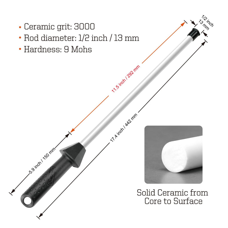 Total L.17.5-Inch/Rod L.12-Inch 3000-Grit Ceramic Sharpening Steel with Built-In Angle Guides and Anti-Breaking Cap, Sharpening Rod, Knife Steel, Ceramic Honing rod, Chaira Afilador Cuchillos