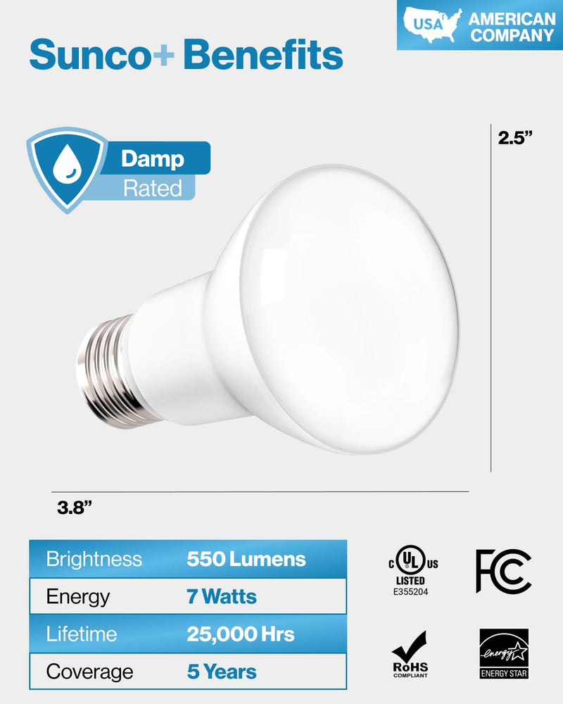 Sunco 10 Pack BR20 LED Bulb Dimmable, Small Recessed Lighting Bulbs, R20 Mini Flood Light Indoor, 550 LM, 7W (50W Equivalent), 2700K Soft White, E26 Base, Can Light for Home, Kitchen, Bedroom UL 10 Count (Pack of 1) White 27k
