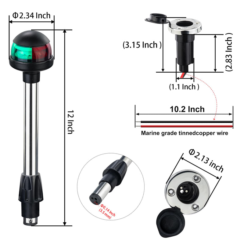 Boat Navigation Lights,Bow Lights for Boats LED,Bi-Color Light Pole Removable 2 Pin Plug-in Mount Base,DC12V 12 Inches