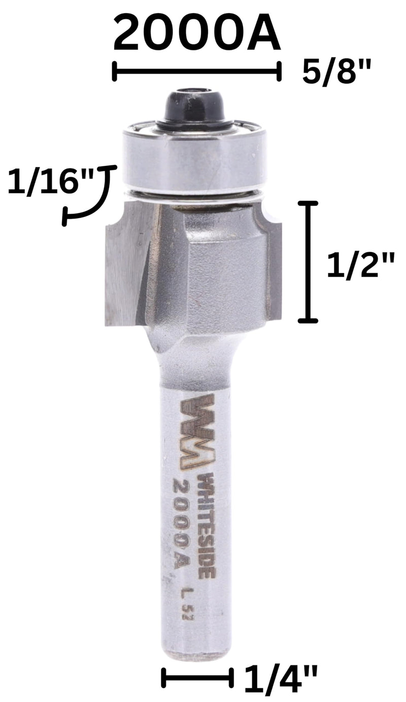 Whiteside 2000A Roundover Router Bit: 1/16 Inch Radius, 5/8 Inch Large Diameter, 1/4 Inch Shank, 1/2 Inch Cutting Length