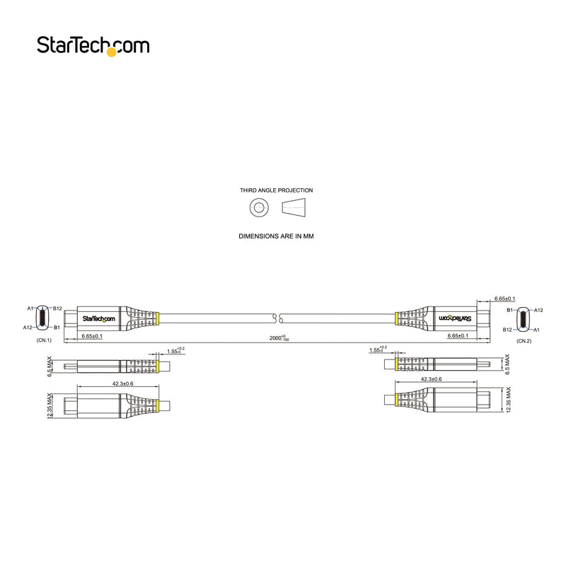 StarTech 6.6ft (2m) USB-C Cable, USB 5Gbps, 100W (5A) PD, 4K 60Hz DP Alt Mode, TPE Jacket, Thunderbolt Compatible Electronic Cable
