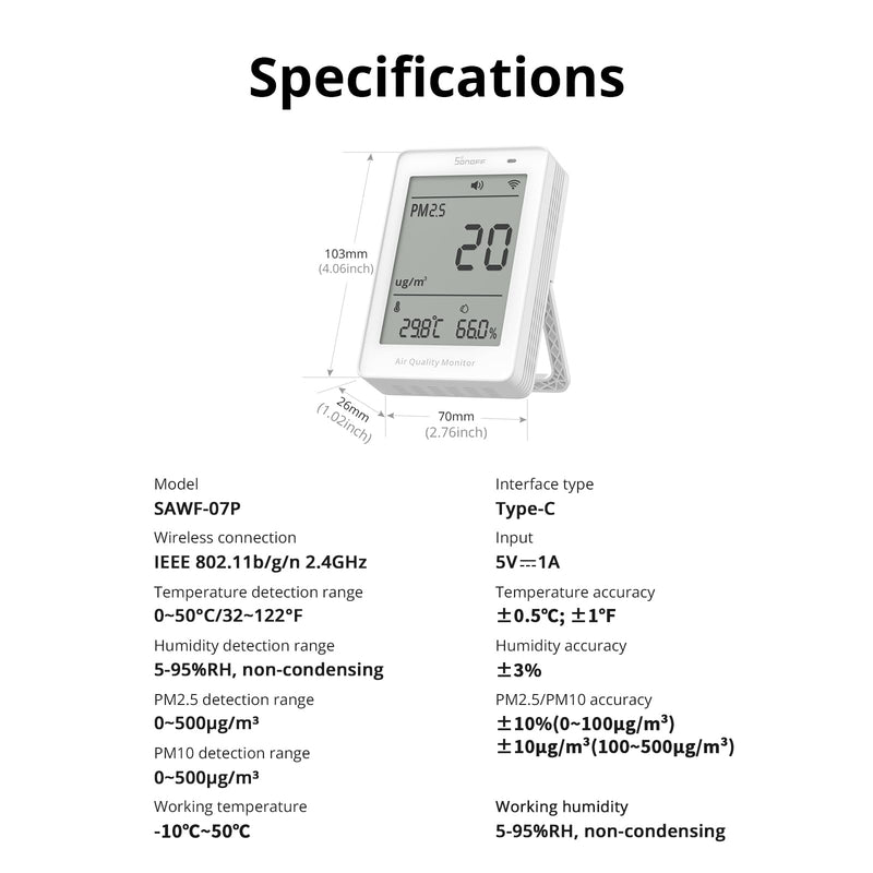 SONOFF SAWF-07P Smart Indoor Air Quality Monitor with PM2.5, PM10, Temperature & Humidity Sensor, Real-Time Display, Notification, Matter-Compatible, 2.4GHz WiFi, 3.73-inch Screen, for Bedroom, Nusery