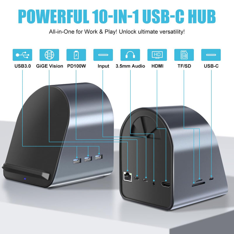 10-in-1 USB-C Multifunction Docking Station Wireless Charging USB3.0 Ports PD100W Fast Charging 4K HDMI SD/TF Card Reader Fit for Windows Mac Android iPad