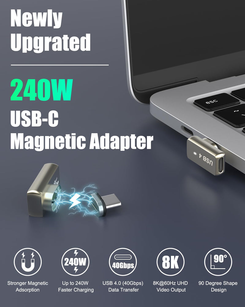 MoKo 240W USB C Magnetic Adapter, Right Angle Breakaway USB C Adapter, Flat | PD Fast Charge, USB4 40Gbps, 8K 60Hz Video, for Thunderbolt 3/4, MacBook Pro/Air/ROG Ally/Steam Deck/PS5