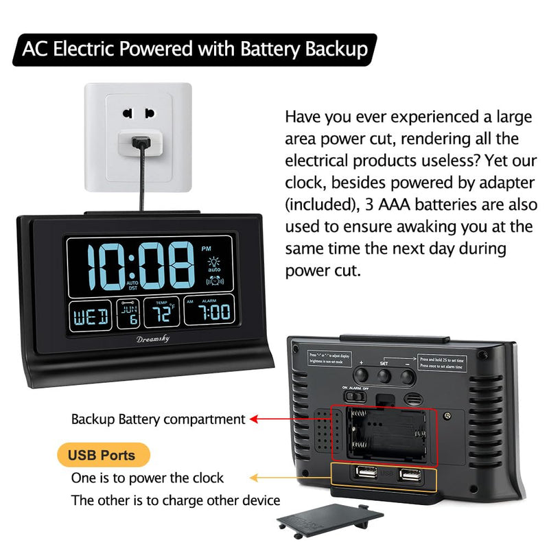 DreamSky Alarm Clocks for Bedrooms with Battery Backup, Auto Set Digital Clock with Date and Day of Week, Temperature, USB Port, Auto DST, Dimmer, 12/24H Black