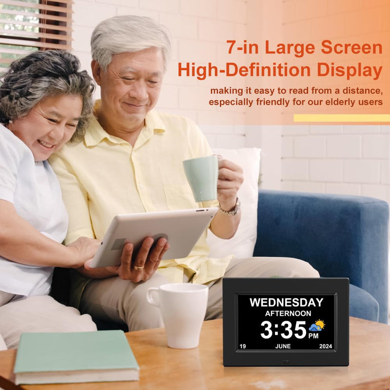 DST Digital Clock with Date and Day of Week for Elderly-12 Alarms Medication Reminder Dementia Alzheimers Clock Calendar with Extra Large Display (7 inch Black) 7 inch Black