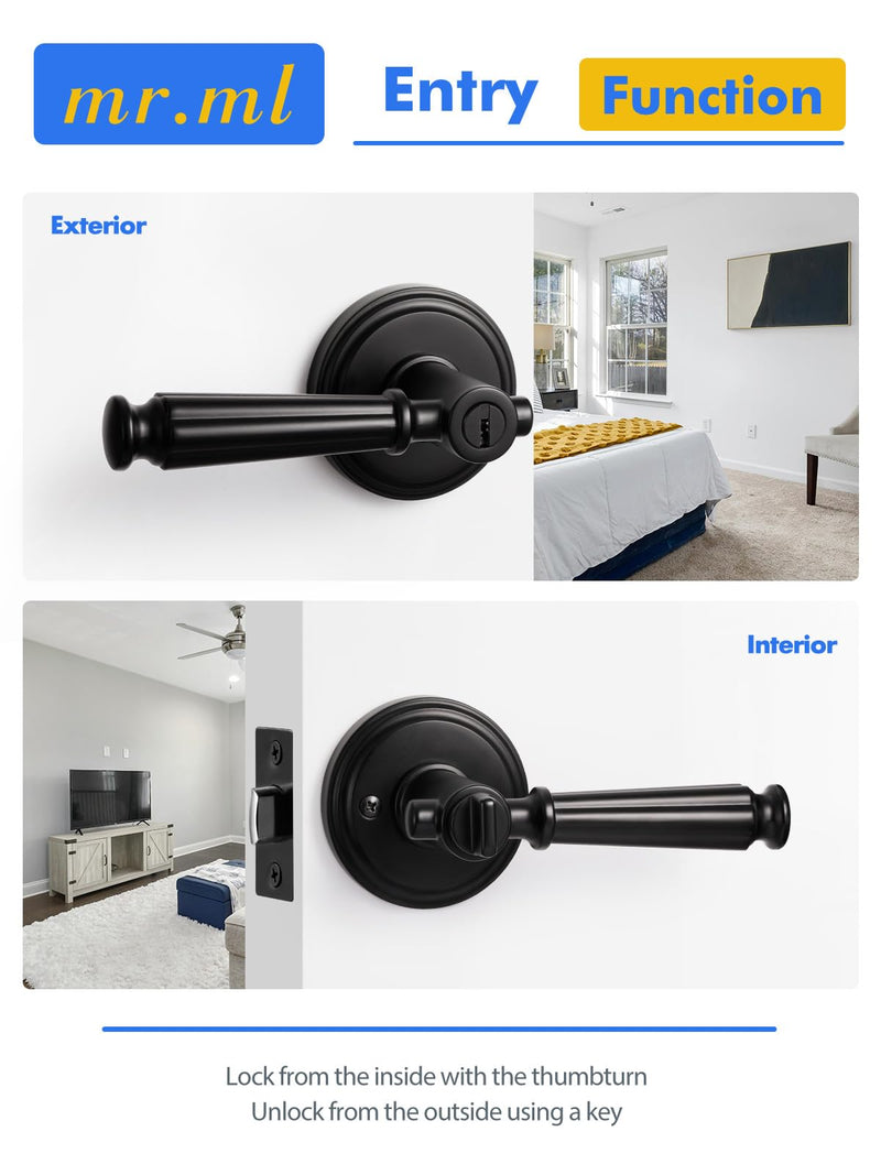 Black Keyed Entry Door Handle with Lock and Key, Black Door Lever | Entrance, Exterior, Interior Bedroom DoorHandle, Aluminium Alloy Handle Lever, 1 Pack