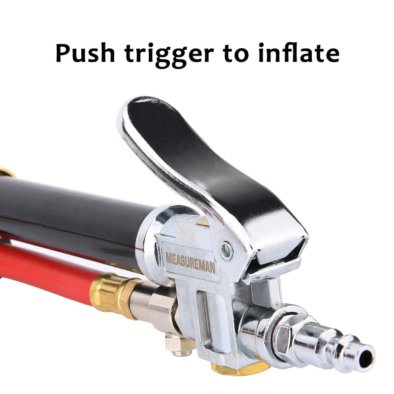 MEASUREMAN Heavy Duty Bayonet Style Tire Inflator, Aluminum Body, 20" Red Hose, Clip On Air Chuck, Aluminum Slide, Range 10-130psi/kpa Heavy Duty Tire Inflator