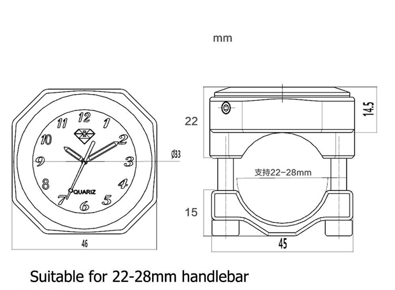 Waterproof 7/8"- 1 1/8" Handlebar Luminous Dial Motorcycle Clock for Dirt Bike Motocross Yamaha Kawasaki Honda Suzuki Harley Davidson (Black) Black