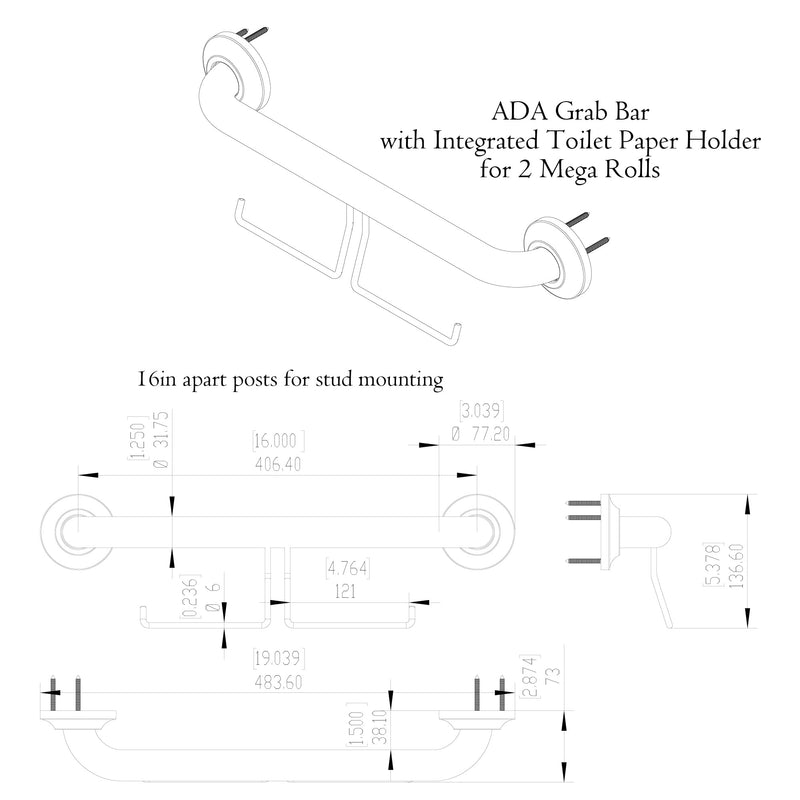 ADA Compliant Grab Bar with Toilet Paper Holder (2 Mega Rolls), 500lbs Weight Support, 1-1/4 x 16 inch for Stud Mount, Matte Black