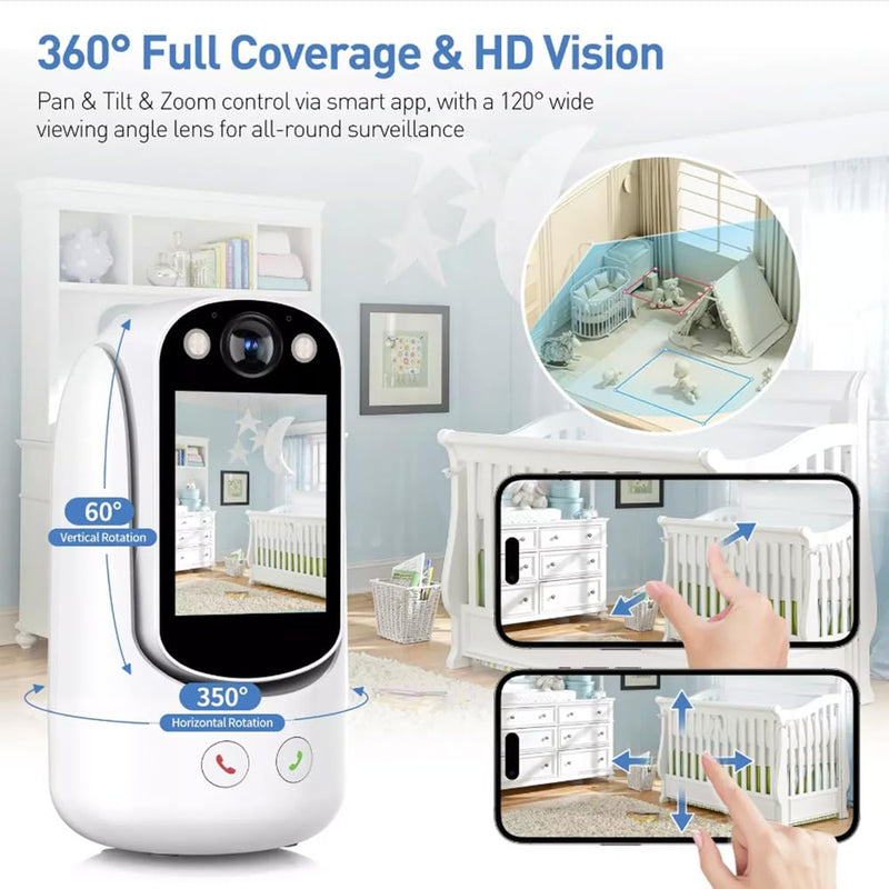 Video Call Security Camera Indoor, Nanny Camera Baby Camera Pet Camera,2-Way Video Call,2-Way Audio, 360°Pan/Tilt WiFi Camera for Home Security, Motion Tracking, 1080P 2.8 inch HD Screen,Night Vision White B