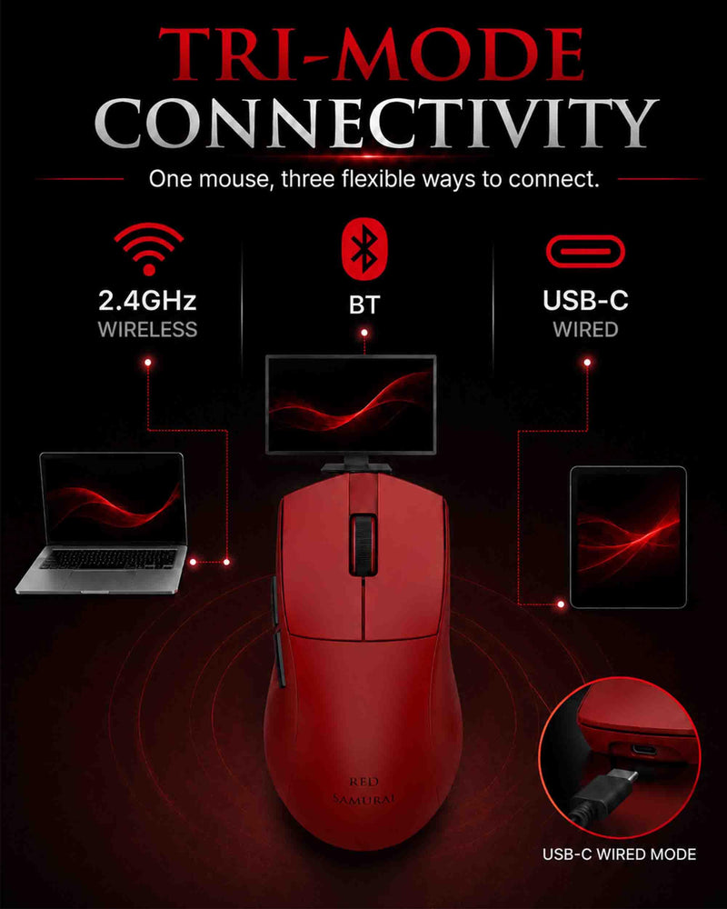 RED SAMURAI Wireless Gaming Mouse, 51g Ultra-Light, Tri-Mode,Red | Ultra-lightweight 51g body, Tri-mode BT/2.4G/USB-C wired, 26K DPI precision optical sensor, 1000Hz polling rate Red