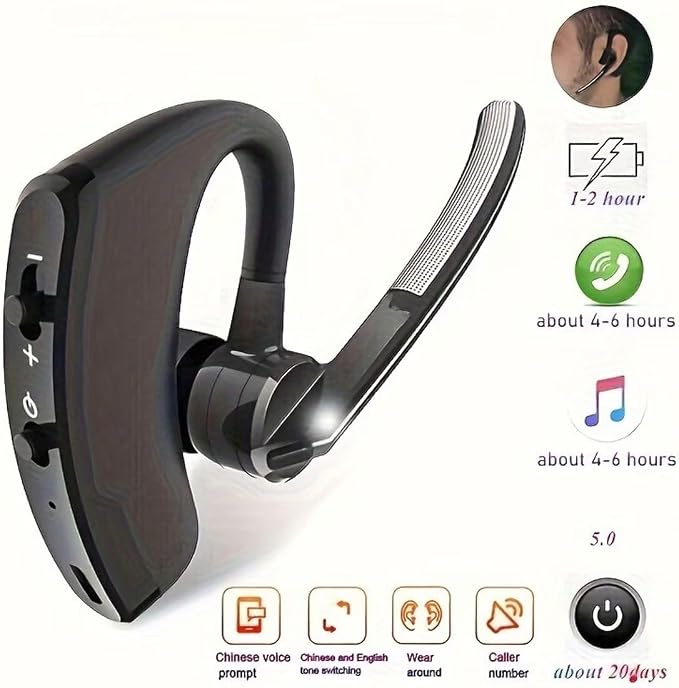  [AUSTRALIA] - Callez Bluetooth Headset with CVC8.0 Dual Mic Noise Cancelling for iPhone | Bluetooth Earpiece V5.0, Wireless Headset for Android Cell Phone Trucker Business Office Work, Clear Chat, Super Light Black