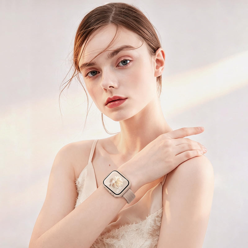 Knossen Slim Band and Case Compatible with Apple Watch Bands for Women 40mm | 3-in-1 Thin Magnetic Stretchy Strap and Screen Protector Cover, for iWatch Series 4-11/SE/SE2/SE3 42mm 41mm 44mm 45mm 46mm Milk Tea 40mm(series SE 6 5 4)