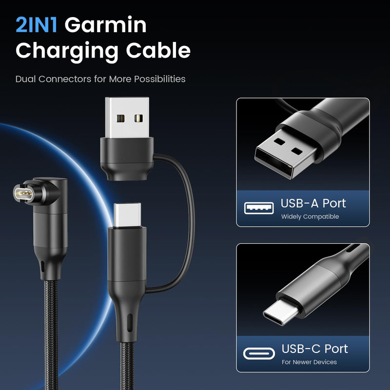 2-in-1 Charger Cable for Garmin Watch,L-Shape USB C Charging Power Cord for Garmin Fenix 8 E 7 7X 7S 6 Solar,Forerunner 970 965 955 945 570 265 255 245 170 165 70 55 45 (Black, 3.3ft 2pack) Black