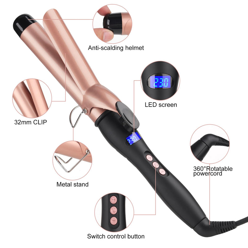 JAETON Curling Tong, 32mm Ceramic Curling Iron Wand with LCD 140°C-230°C | Hair Curler for for Large Curls and Soft Waves, Fast Heat-Up, for Long & Medium Hair