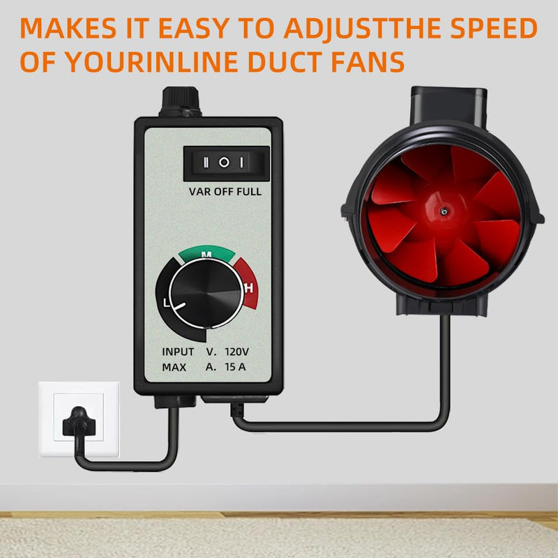 Electronic Fan Speed Controller, 0-100% Variable Speed Adjuster for Inline Duct Fans Radon Fan Hydroponic Exhaust Fans Equipped 6’ Long Cord