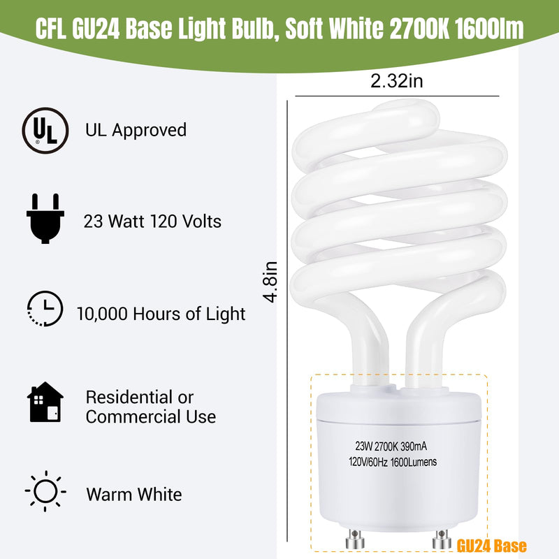 Winkcao CFL Light Bulbs GU24 Base, T3 Spiral 23Watt (100Watt Equ) Soft White 2700K 1600lm Compact Fluorescent Light Bulbs, UL Approved, 120v 60Hz, Self Ballasted CFL Bulbs, Pack of 6