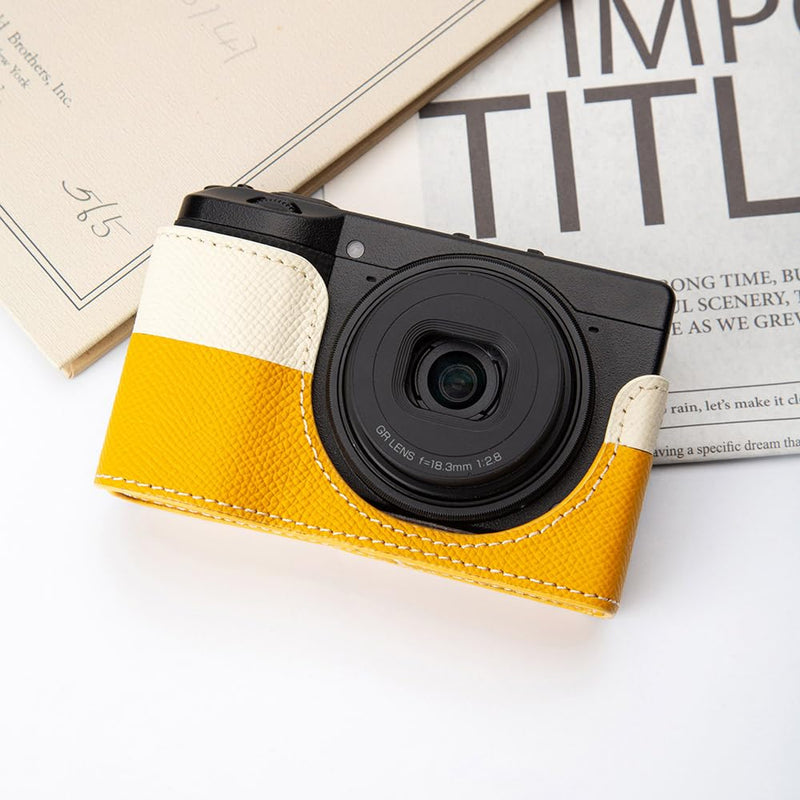 GRIV Genuine Leather Color-Block Camera Case with Shoulder Strap for Ricoh GR IV/GR IV X/GR IV HDF/GR4 Handmade Half Cover (Yellow White-Set) Yellow White-Set